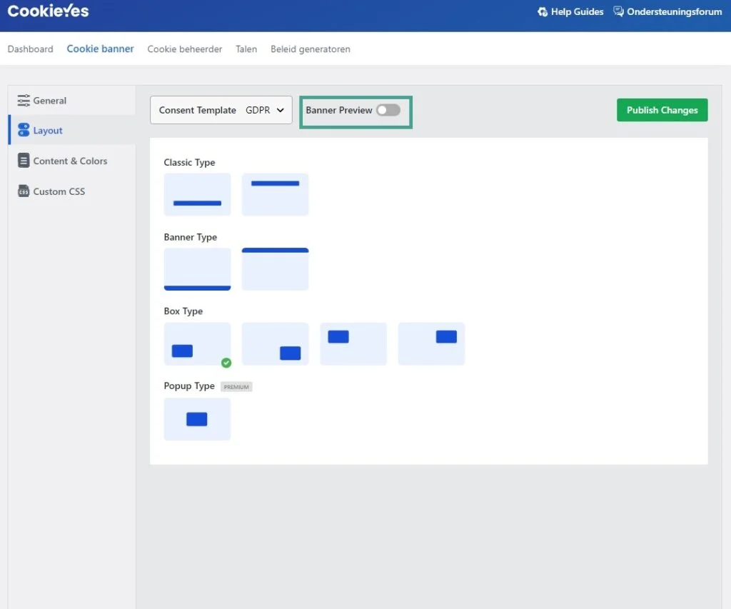 CookieYes - layout instellingen