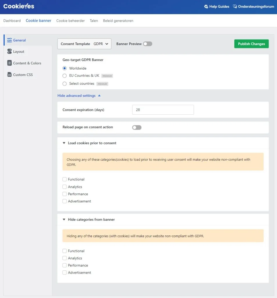 Cookieyes instellingen