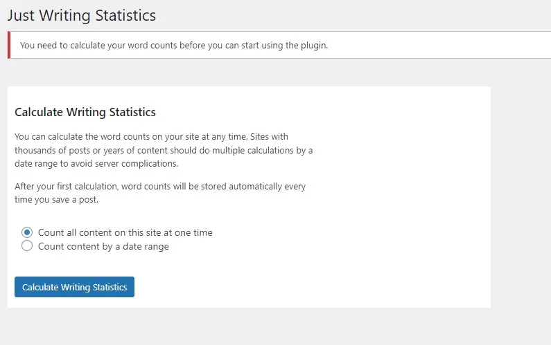 Just Writing Statistics word count installatie eerste keer